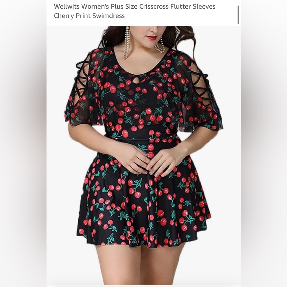 Crisscross Flutter Sleeves Cherry Print Swimdress - PLUS SIZE